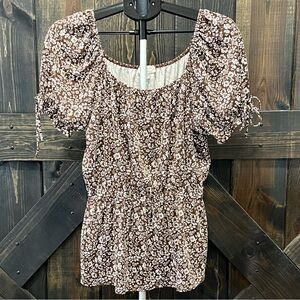 Free Kisses Ditsy Floral Blouse 2X Brown Cinched Smocked Ruffle Boho Casual